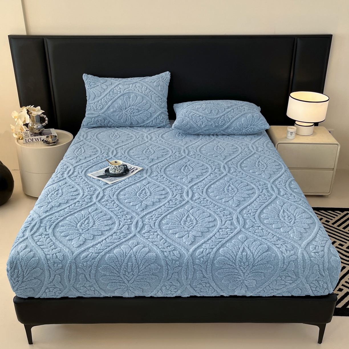 91家纺网 家纺一手货源 找家纺 欧邦 2025新款提花塔芙绒床笠单床笠床笠单件-繁花 繁花-午夜蓝