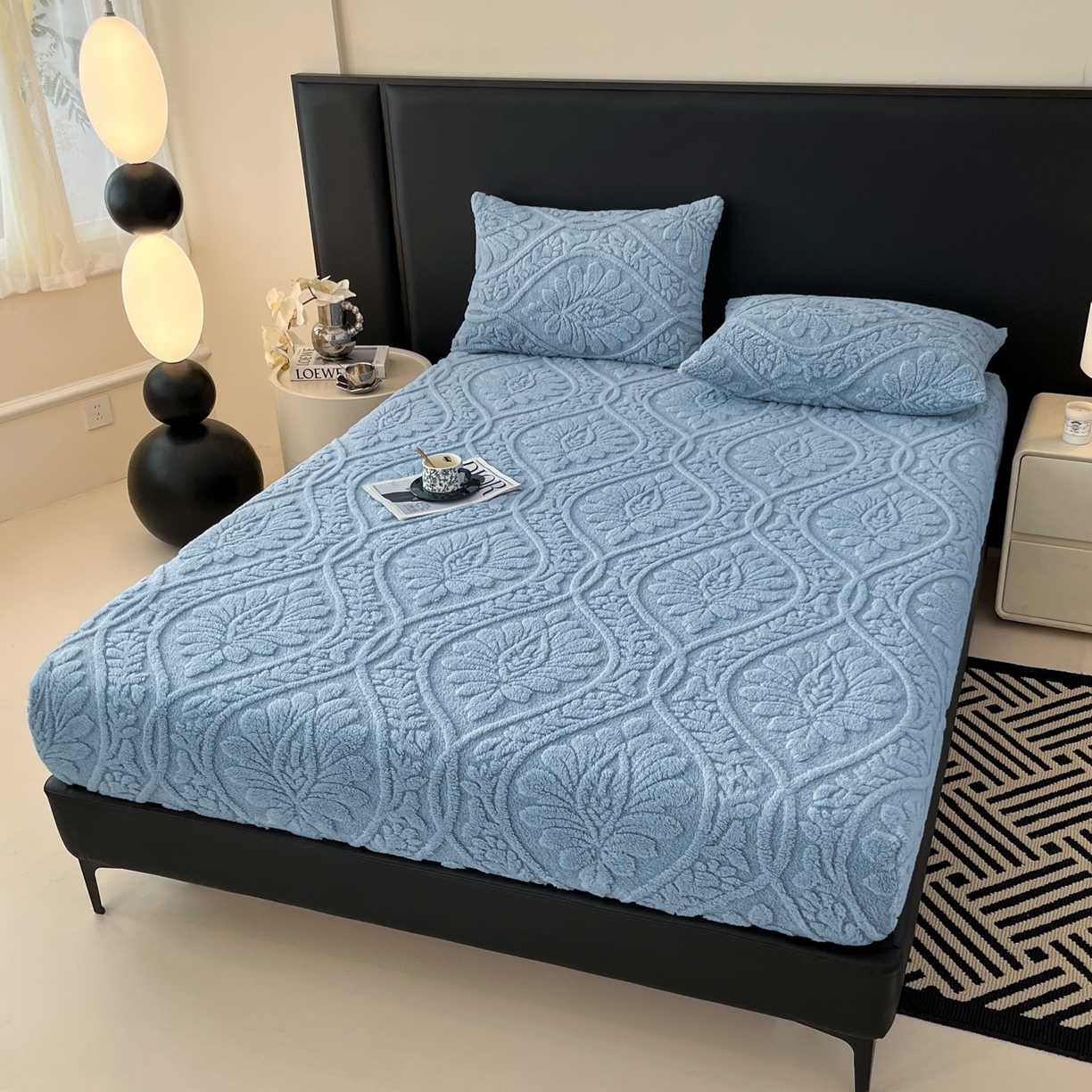 91家纺网 家纺一手货源 找家纺 欧邦 2025新款提花塔芙绒床笠单床笠床笠单件-繁花 繁花-午夜蓝