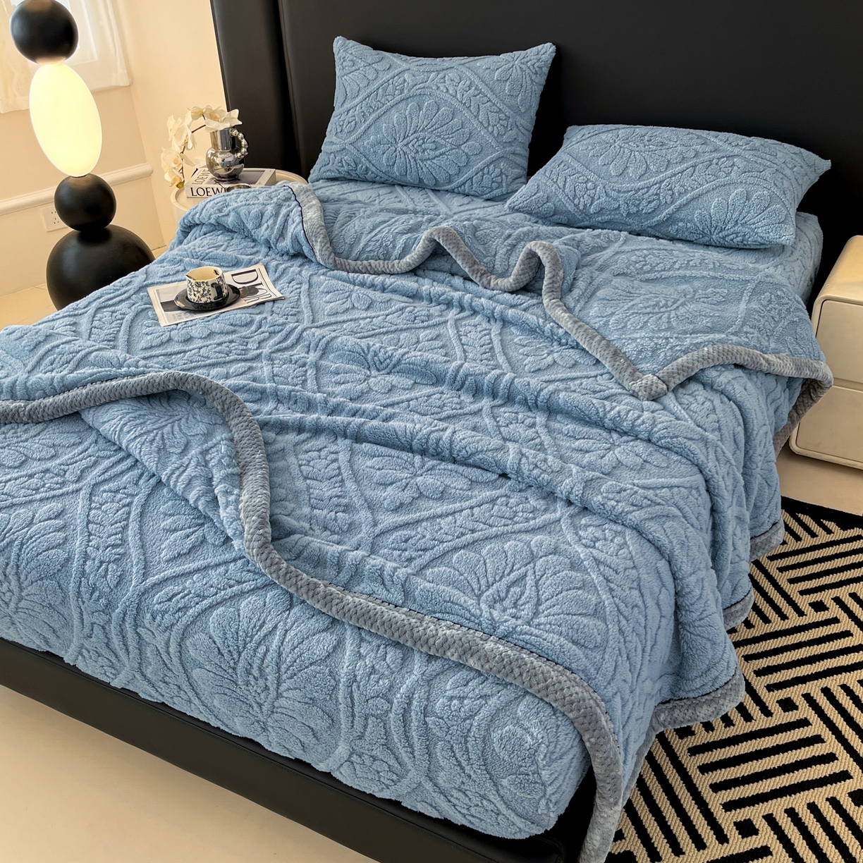 91家纺网 家纺一手货源 找家纺 欧邦 2025新款提花塔芙绒床笠单床笠床笠单件-繁花 繁花-午夜蓝