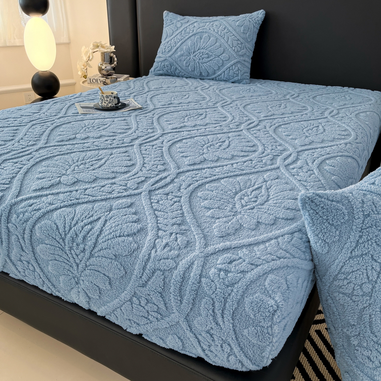 91家纺网 家纺一手货源 找家纺 欧邦 2025新款提花塔芙绒床笠单床笠床笠单件-繁花 繁花-午夜蓝