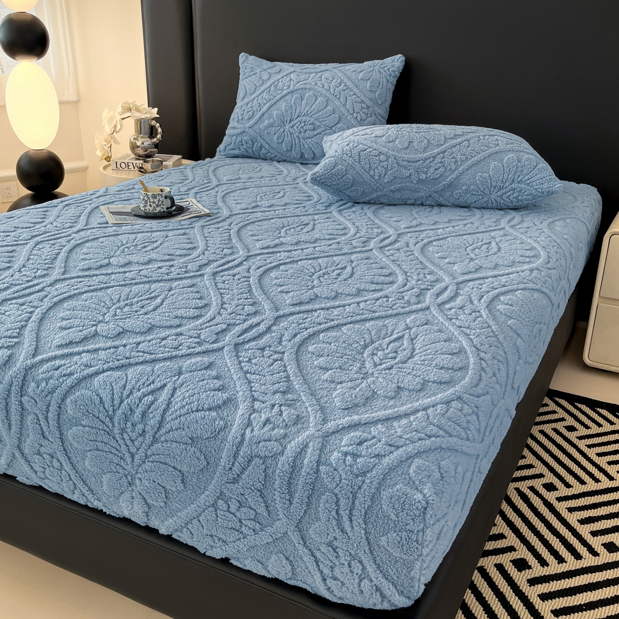 91家纺网 家纺一手货源 找家纺 欧邦 2025新款提花塔芙绒床笠单床笠床笠单件-繁花 繁花-午夜蓝