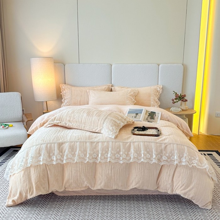 91家纺网 家纺一手货源 找家纺 诺梵家纺 2025新款韩版蕾丝雕花款四件套-米兰达 米兰达-玉色