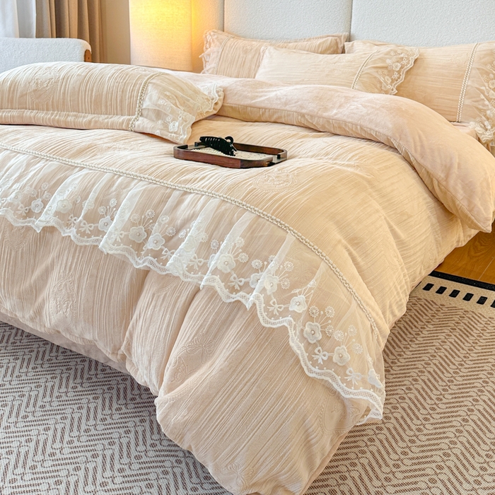 91家纺网 家纺一手货源 找家纺 诺梵家纺 2025新款韩版蕾丝雕花款四件套-米兰达 米兰达-玉色