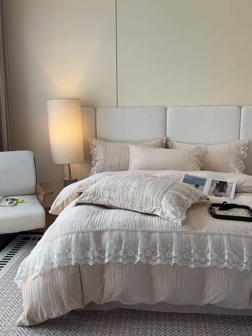 91家纺网 家纺一手货源 找家纺 诺梵家纺 2025新款韩版蕾丝雕花款四件套-米兰达 米兰达-玉色