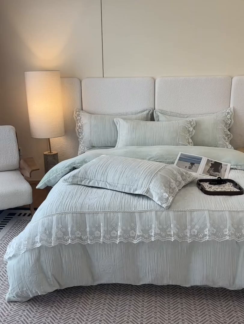 91家纺网 家纺一手货源 找家纺 诺梵家纺 2025新款韩版蕾丝雕花款四件套-米兰达 米兰达-绿