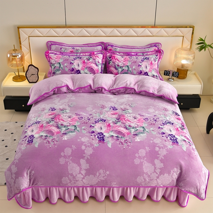 91家纺网 家纺一手货源 找家纺 赫本 2025新品8斤爆品牛奶绒四件套床裙款金雕绒法莱绒四套件 丽芙