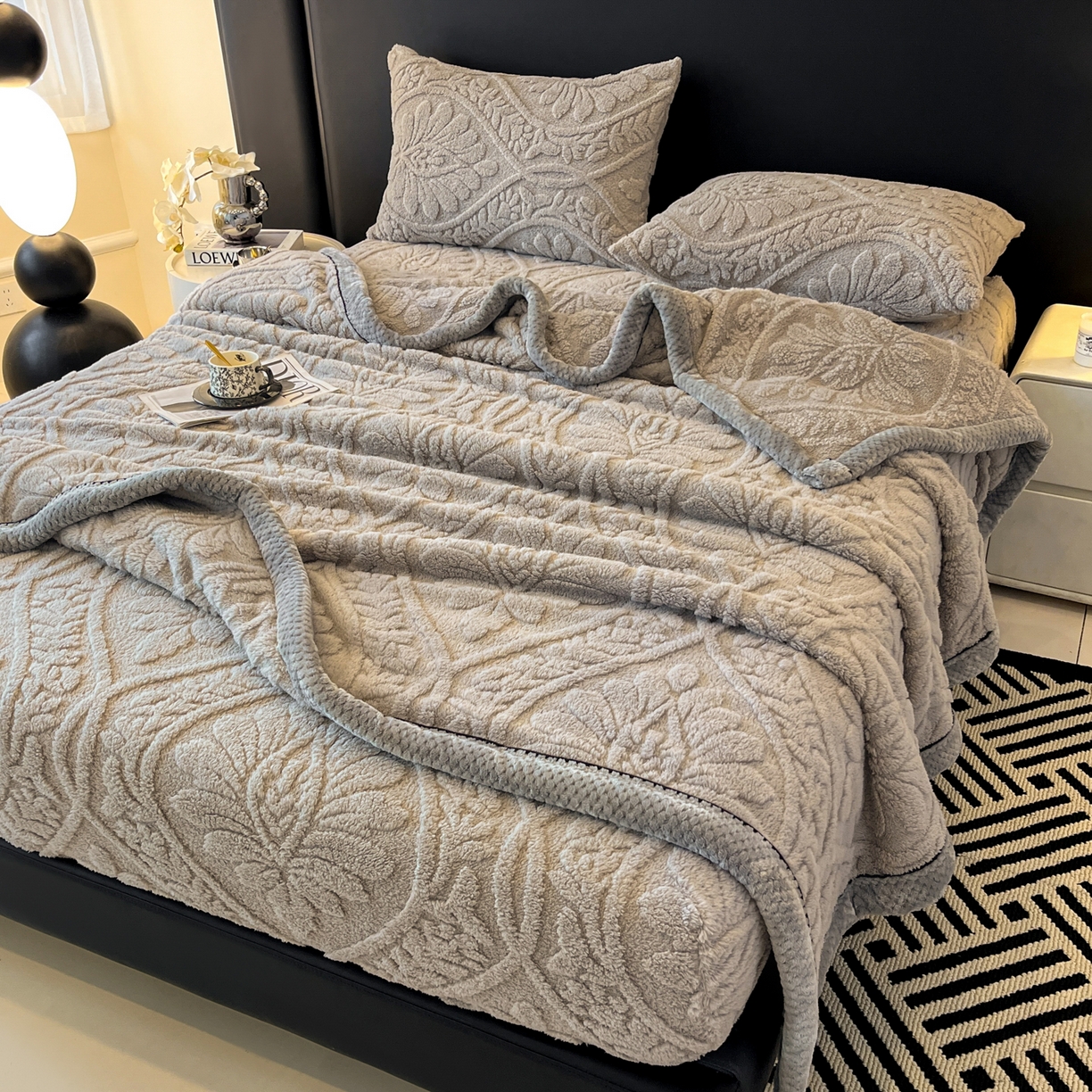 91家纺网 家纺一手货源 找家纺 欧邦 2025新款提花塔芙绒床笠单床笠床笠单件-繁花 繁花-月影灰