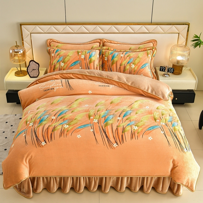 91家纺网 家纺一手货源 找家纺 赫本 2025新品8斤爆品牛奶绒四件套床裙款金雕绒法莱绒四套件 暖秋