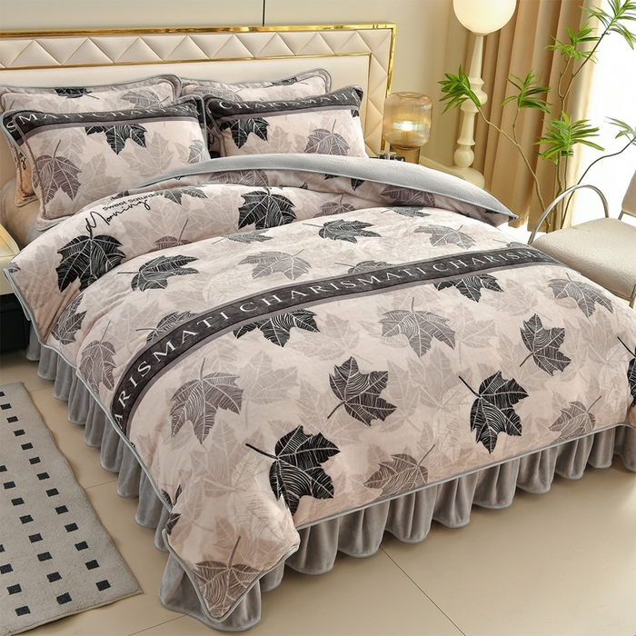 91家纺网 家纺一手货源 找家纺 赫本 2025新品8斤爆品牛奶绒四件套床裙款金雕绒法莱绒四套件 秋枫