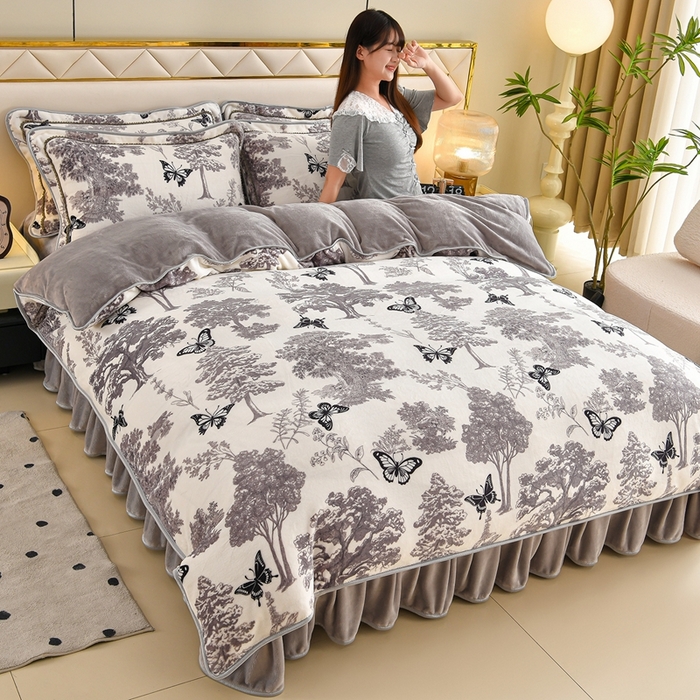 赫本 2025新品8斤爆品牛奶绒四件套床裙款金雕绒法莱绒四套件 森林密语