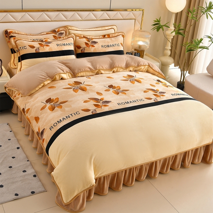 91家纺网 家纺一手货源 找家纺 赫本 2025新品8斤爆品牛奶绒四件套床裙款金雕绒法莱绒四套件 树夏