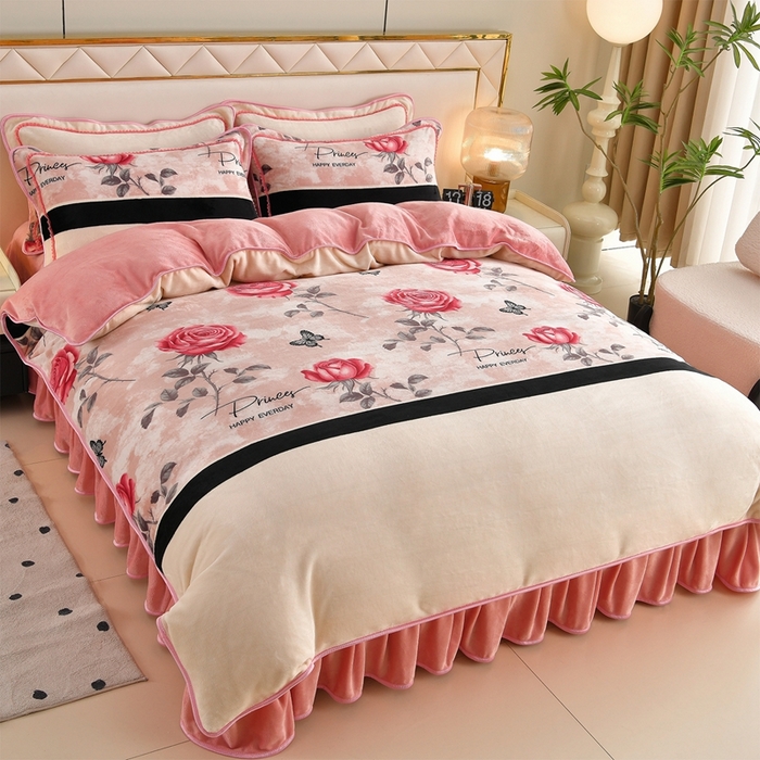 91家纺网 家纺一手货源 找家纺 赫本 2025新品8斤爆品牛奶绒四件套床裙款金雕绒法莱绒四套件 苏珊