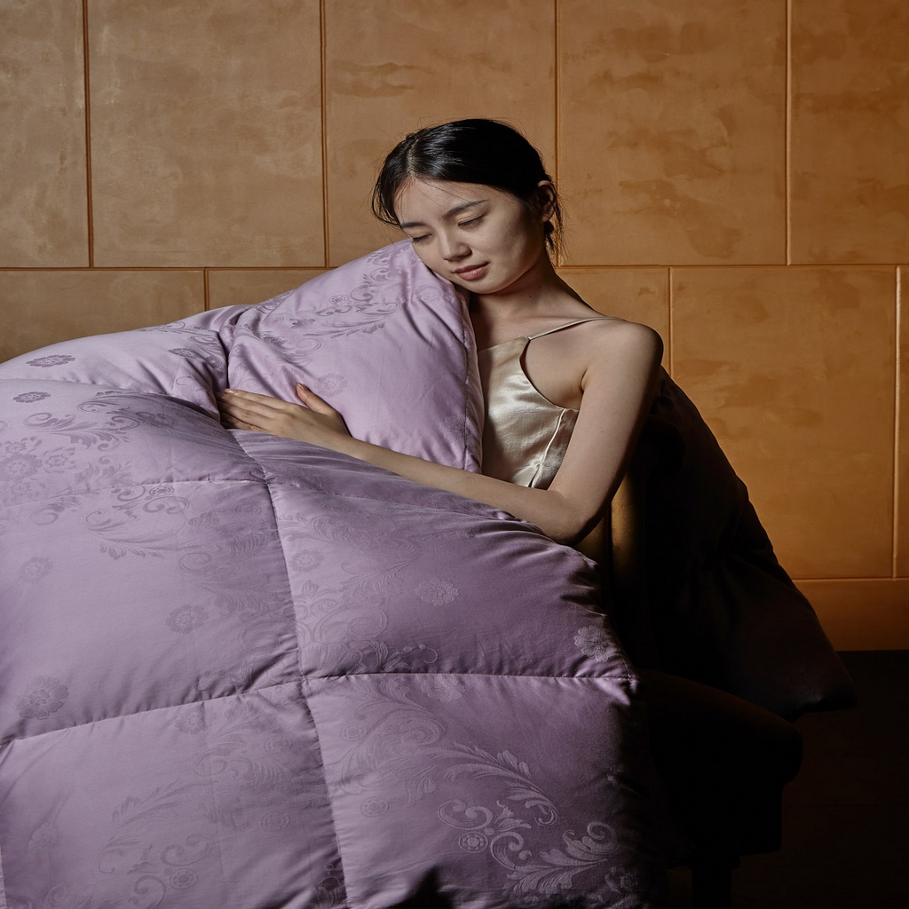 91家纺网 家纺一手货源 找家纺 暖羽屋羽绒馆 2025新款羽毛被子 95白鹅绒丝被芯  羽绒被 加厚冬被 雅馨 紫色