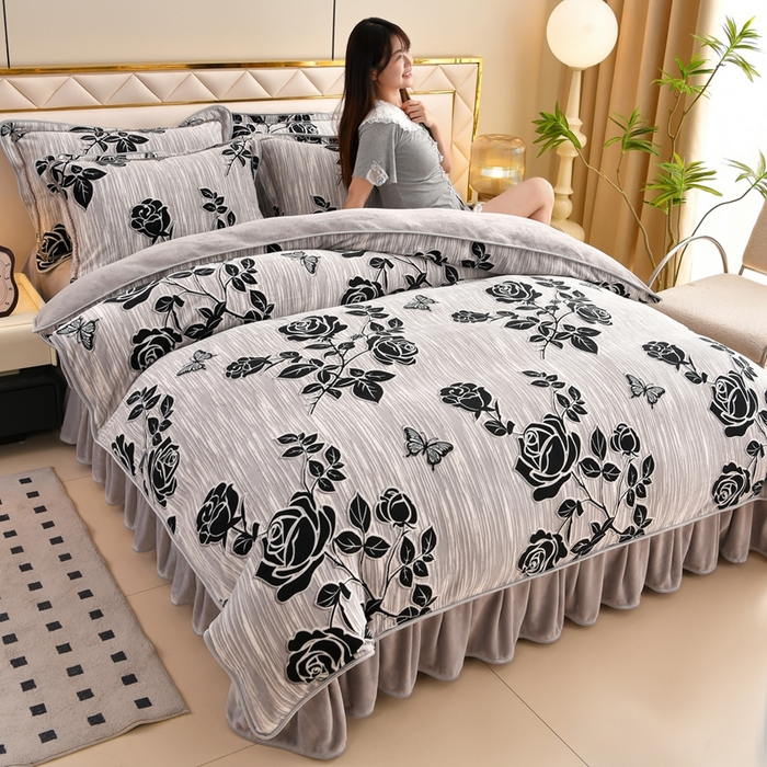 赫本 2025新品8斤爆品牛奶绒四件套床裙款金雕绒法莱绒四套件 星慕-灰