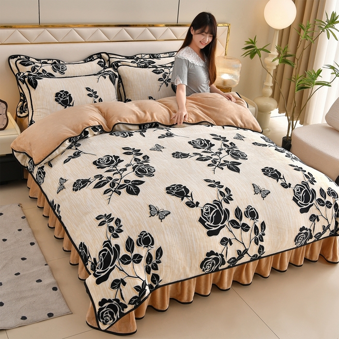 赫本 2025新品8斤爆品牛奶绒四件套床裙款金雕绒法莱绒四套件 星慕-咖