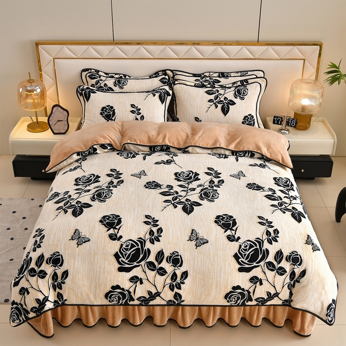 91家纺网 家纺一手货源 找家纺 赫本 2025新品8斤爆品牛奶绒四件套床裙款金雕绒法莱绒四套件 星慕-咖