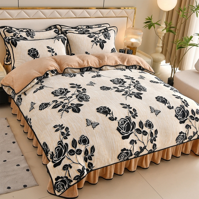 91家纺网 家纺一手货源 找家纺 赫本 2025新品8斤爆品牛奶绒四件套床裙款金雕绒法莱绒四套件 星慕-咖