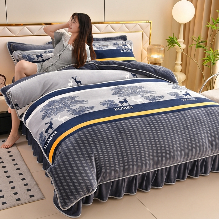 91家纺网 家纺一手货源 找家纺 赫本 2025新品8斤爆品牛奶绒四件套床裙款金雕绒法莱绒四套件 元气森林