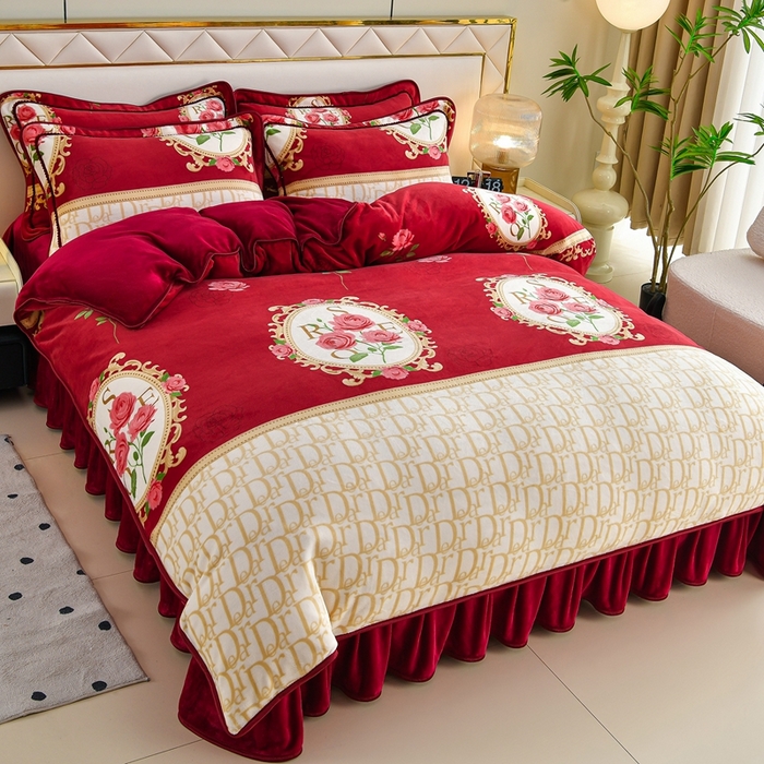 91家纺网 家纺一手货源 找家纺 赫本 2025新品8斤爆品牛奶绒四件套床裙款金雕绒法莱绒四套件 织梦-红