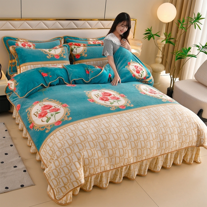 赫本 2025新品8斤爆品牛奶绒四件套床裙款金雕绒法莱绒四套件 织梦-蓝