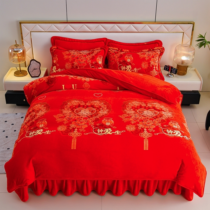 91家纺网 家纺一手货源 找家纺 赫本 2025新品8斤爆品牛奶绒四件套床裙款金雕绒法莱绒四套件 钟爱一生