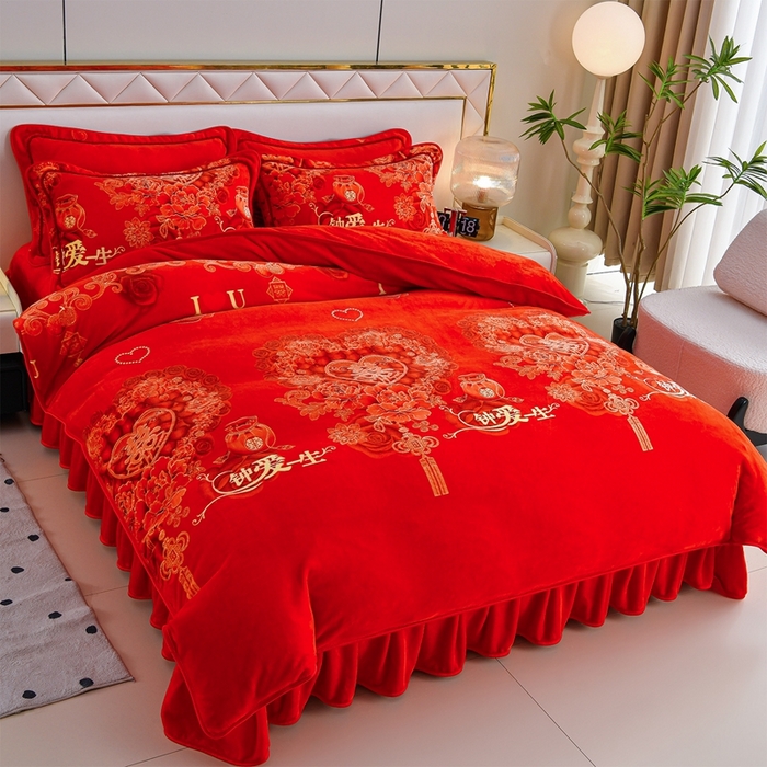 91家纺网 家纺一手货源 找家纺 赫本 2025新品8斤爆品牛奶绒四件套床裙款金雕绒法莱绒四套件 钟爱一生