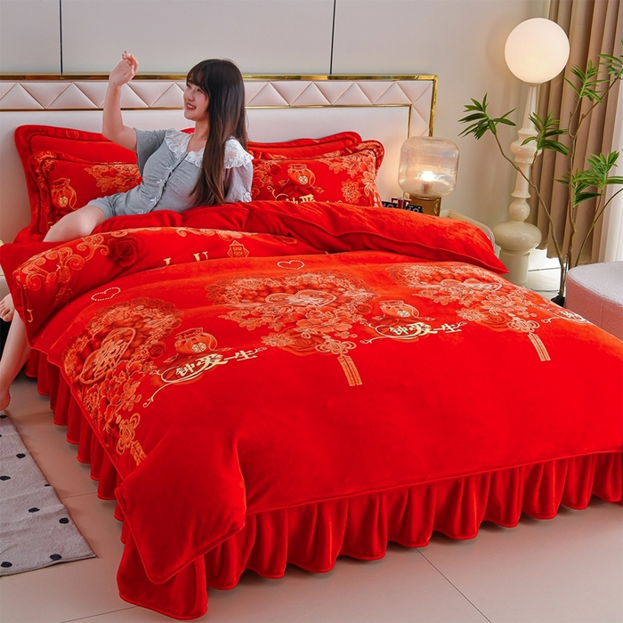 91家纺网 家纺一手货源 找家纺 赫本 2025新品8斤爆品牛奶绒四件套床裙款金雕绒法莱绒四套件 钟爱一生