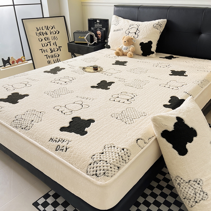 91家纺网 家纺一手货源 找家纺 欧邦 2025新款阳离子舒棉绒牛奶绒床笠单床笠床笠单件-可可熊 可可熊-米白