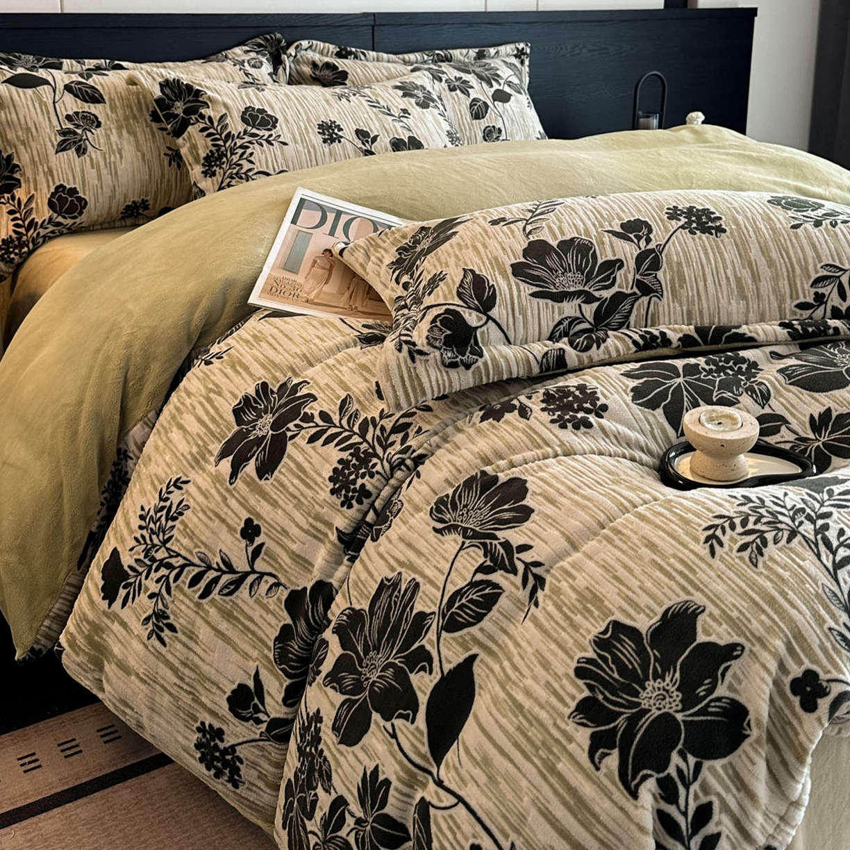 91家纺网 家纺一手货源 找家纺 格真 2025秋冬新款高克重雕花牛奶绒四件套 莫奈花园-绿