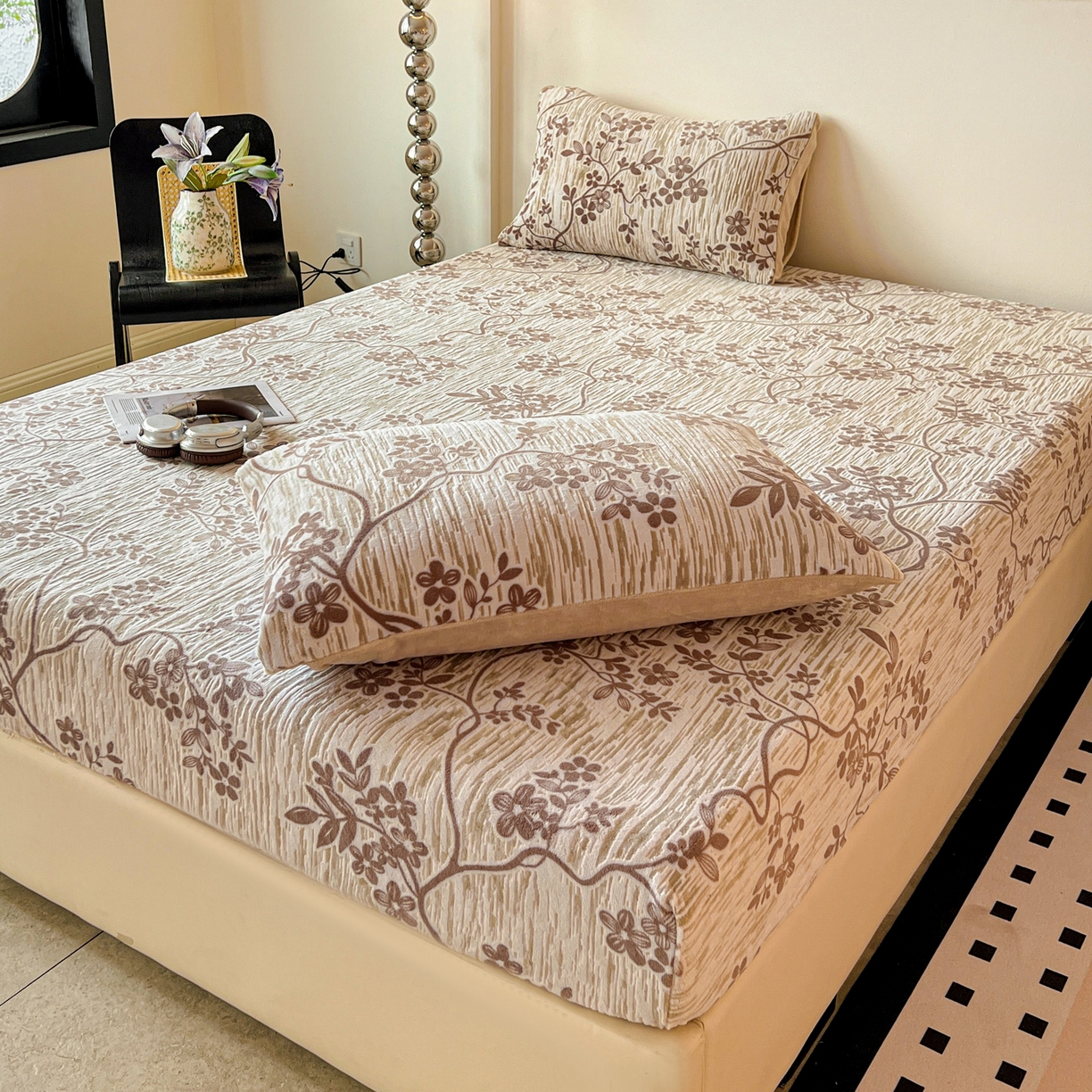 91家纺网 家纺一手货源 找家纺 格真 2025秋冬新款立体剪花雕花牛奶绒床笠单品床笠单件单床笠 安雅-咖