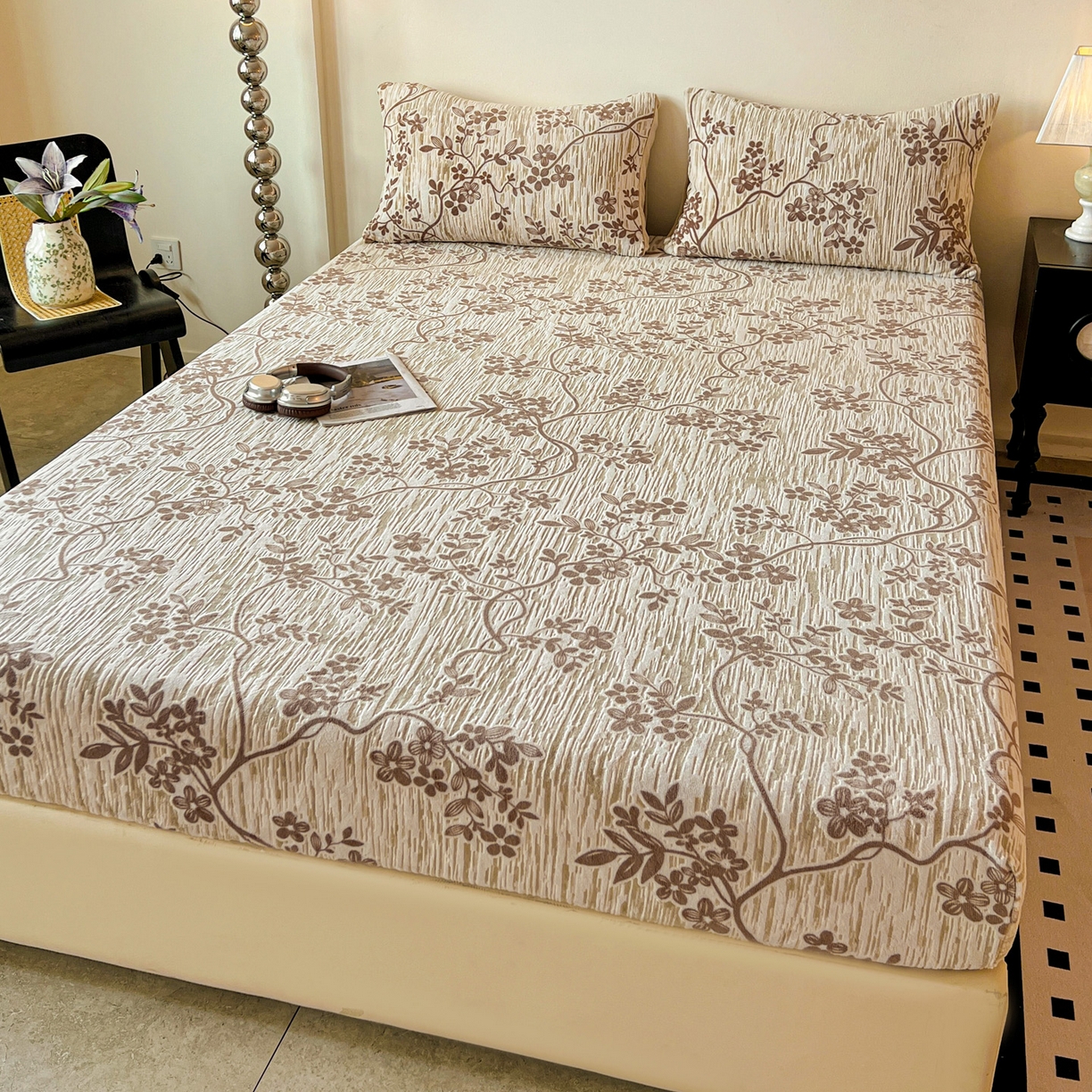 91家纺网 家纺一手货源 找家纺 格真 2025秋冬新款立体剪花雕花牛奶绒床笠单品床笠单件单床笠 安雅-咖