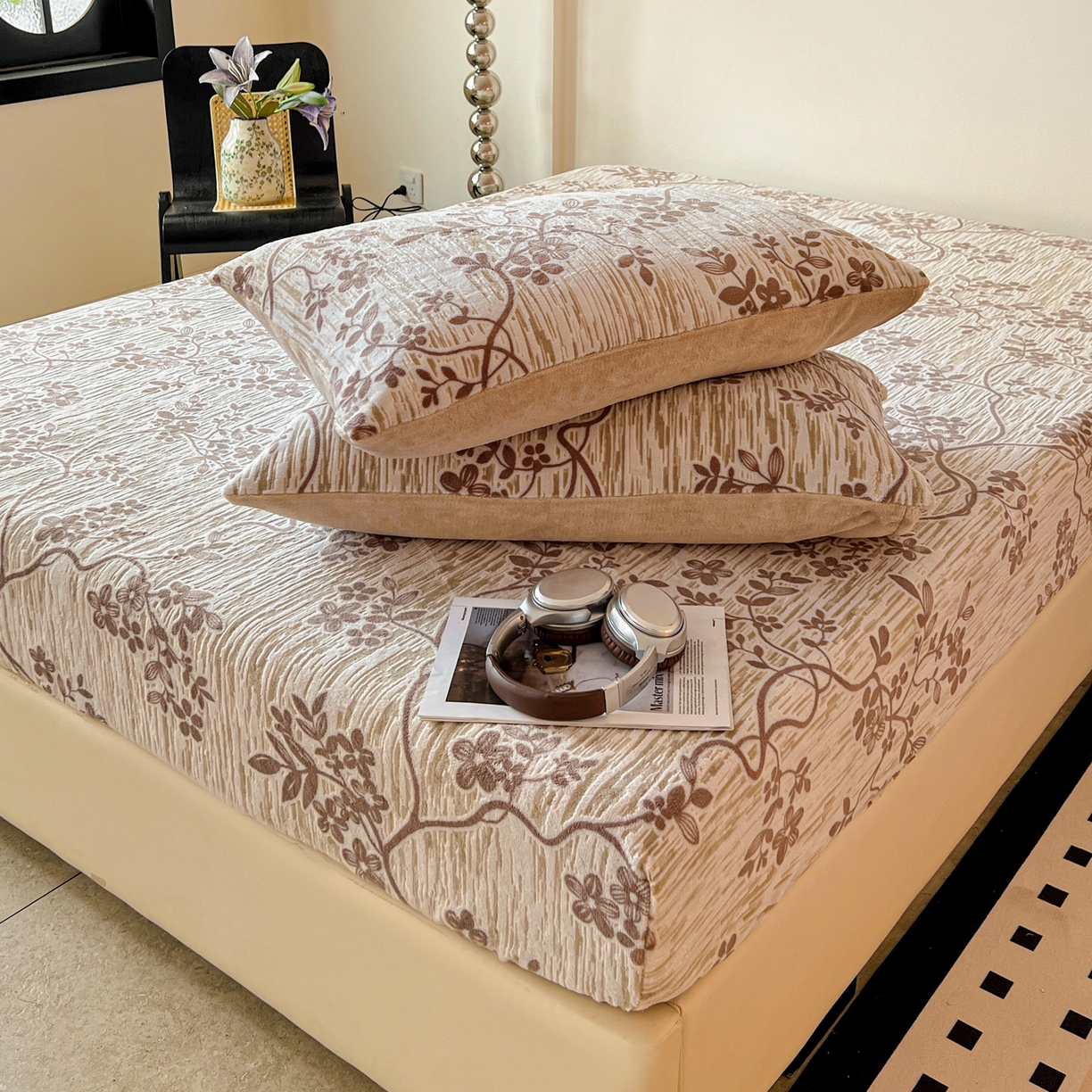 91家纺网 家纺一手货源 找家纺 格真 2025秋冬新款立体剪花雕花牛奶绒床笠单品床笠单件单床笠 安雅-咖