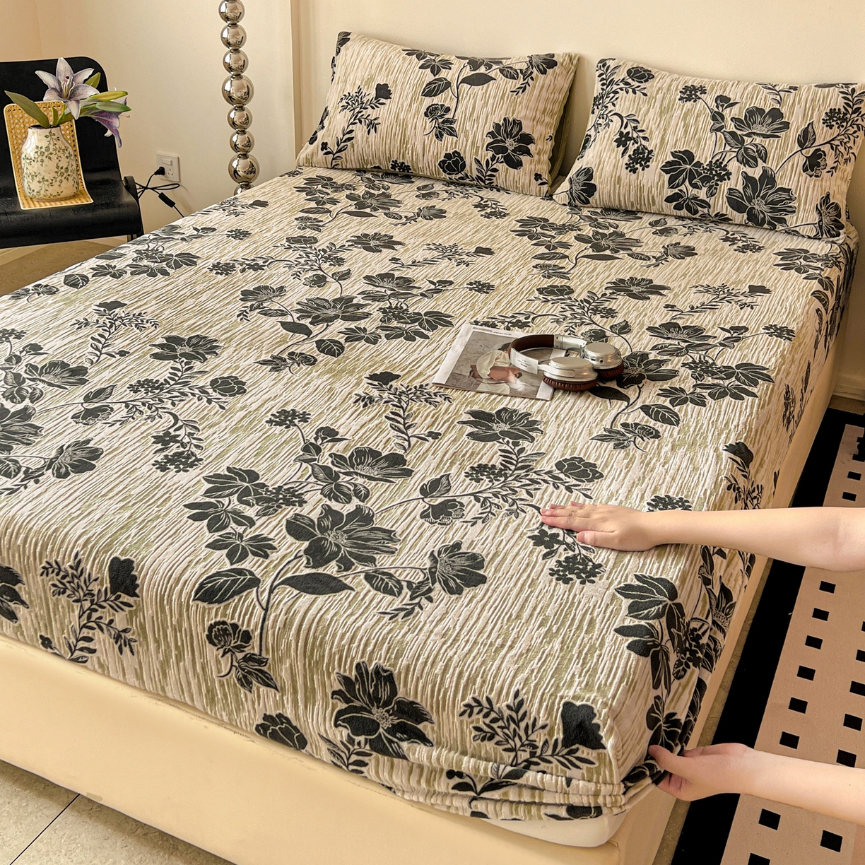 格真 2025秋冬新款立体剪花雕花牛奶绒床笠单品床笠单件单床笠 莫奈花园-绿