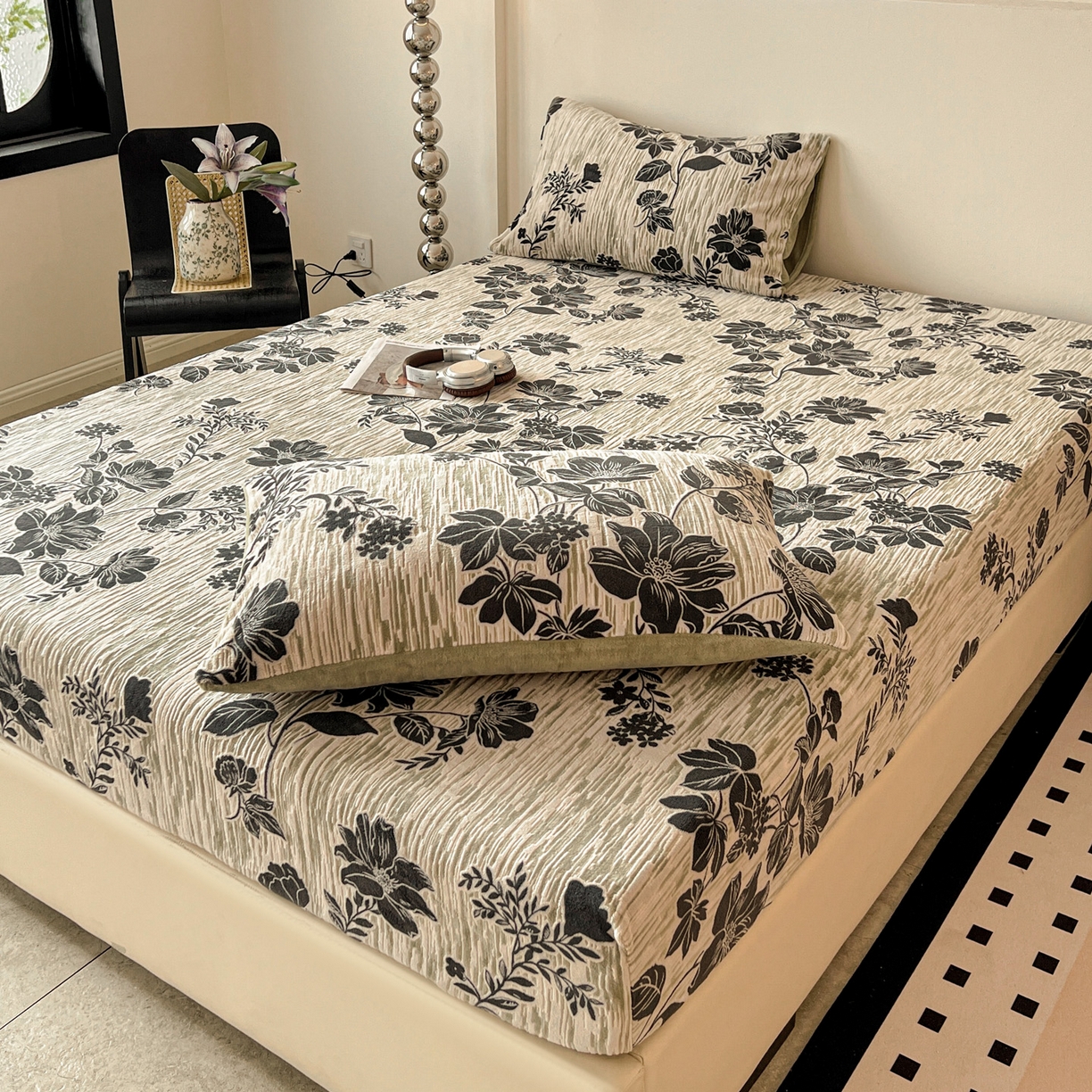 91家纺网 家纺一手货源 找家纺 格真 2025秋冬新款立体剪花雕花牛奶绒床笠单品床笠单件单床笠 莫奈花园-绿