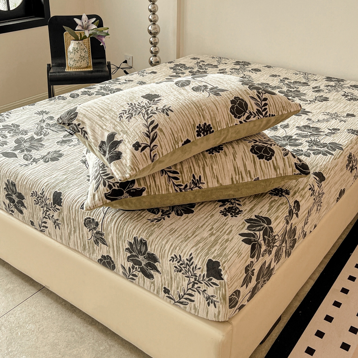 91家纺网 家纺一手货源 找家纺 格真 2025秋冬新款立体剪花雕花牛奶绒床笠单品床笠单件单床笠 莫奈花园-绿