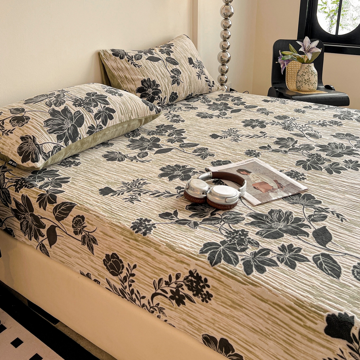 91家纺网 家纺一手货源 找家纺 格真 2025秋冬新款立体剪花雕花牛奶绒床笠单品床笠单件单床笠 莫奈花园-绿