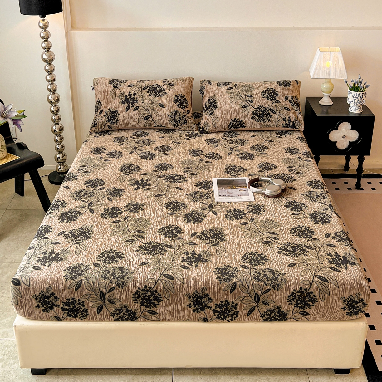 91家纺网 家纺一手货源 找家纺 格真 2025秋冬新款立体剪花雕花牛奶绒床笠单品床笠单件单床笠 叶语悠然-咖