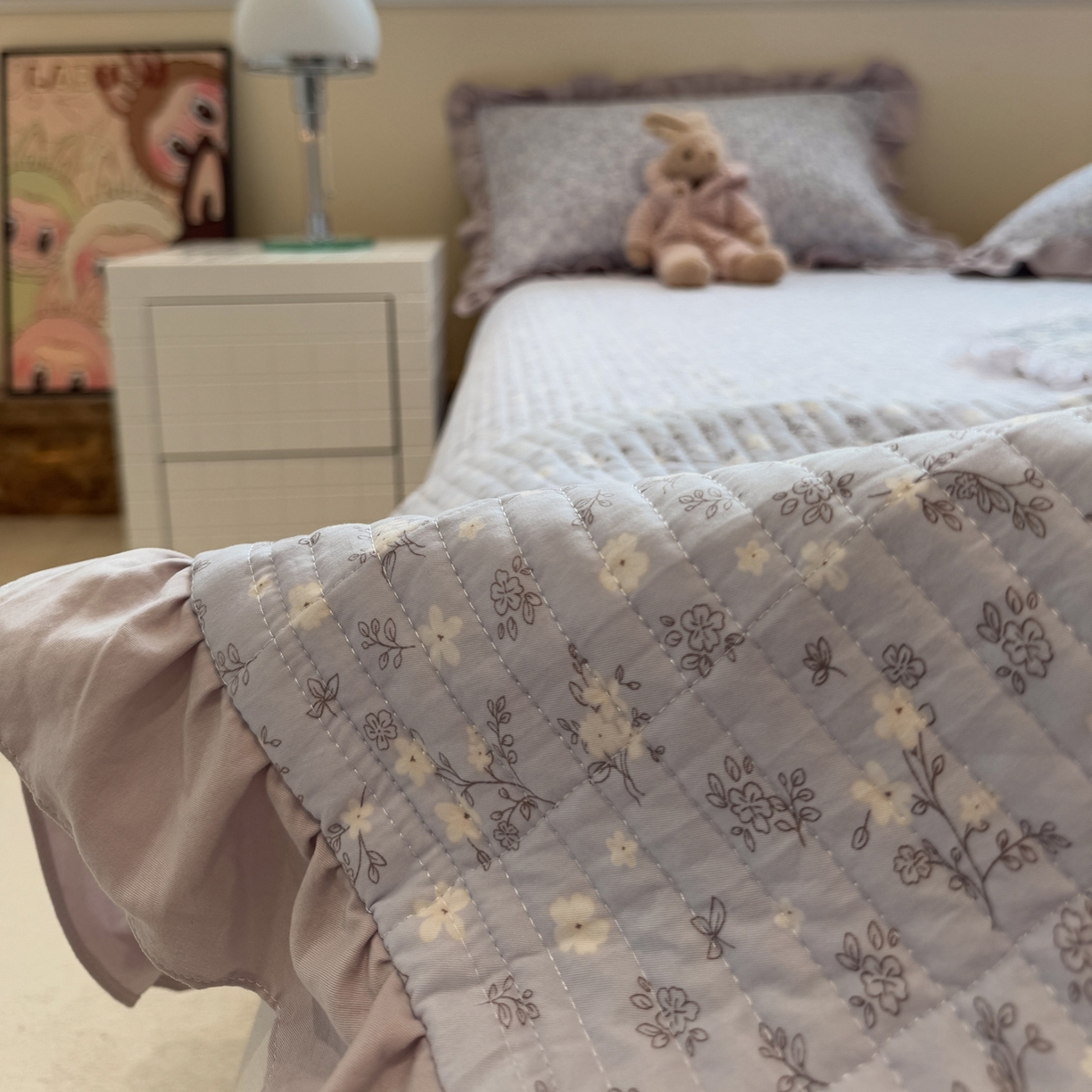 91家纺网 家纺一手货源 找家纺 一加一 2025新款软糯亲肤印花床盖三件套 晴天兰