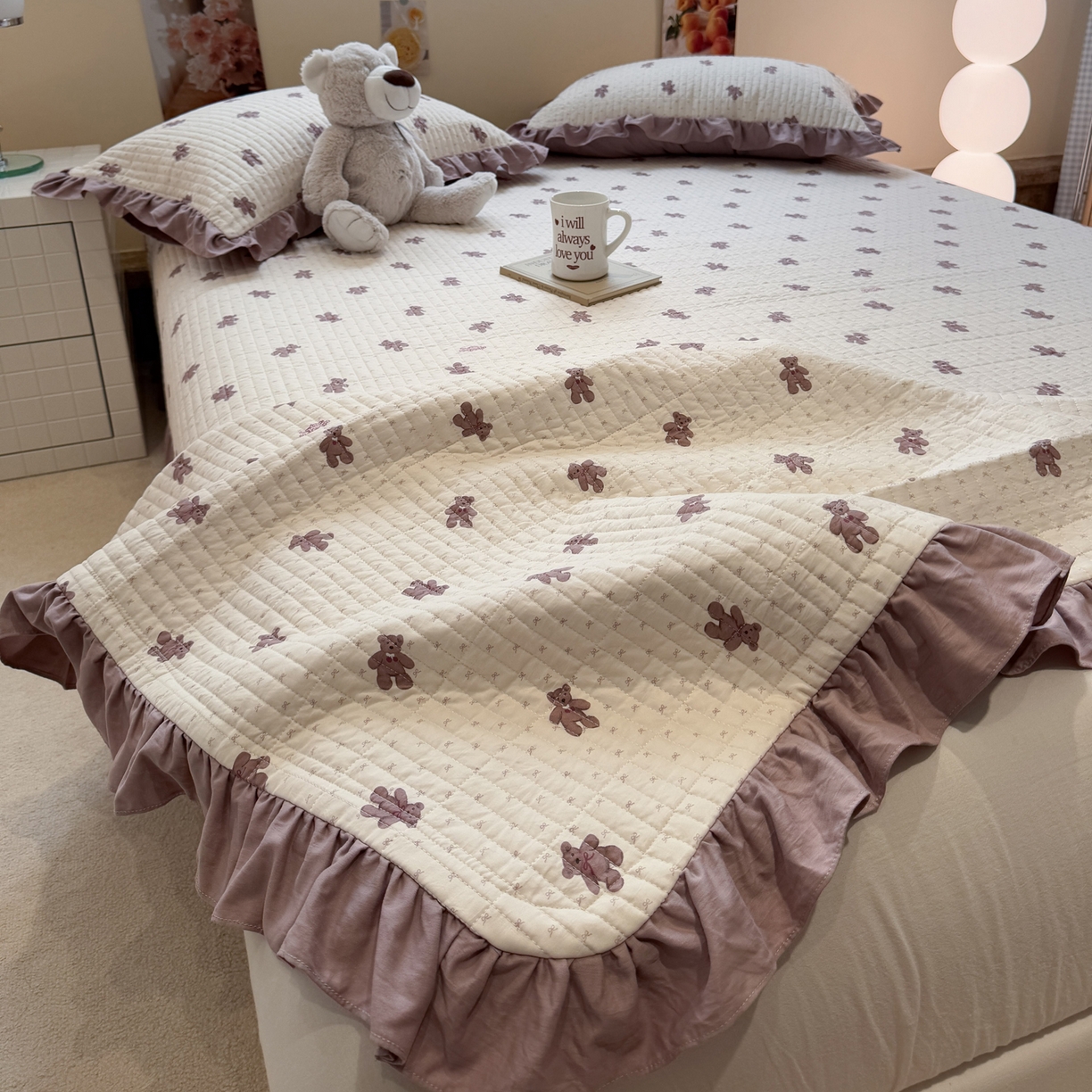 91家纺网 家纺一手货源 找家纺 一加一 2025新款软糯亲肤印花床盖三件套 梦想熊