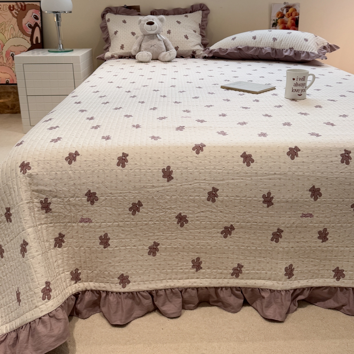 91家纺网 家纺一手货源 找家纺 一加一 2025新款软糯亲肤印花床盖三件套 梦想熊