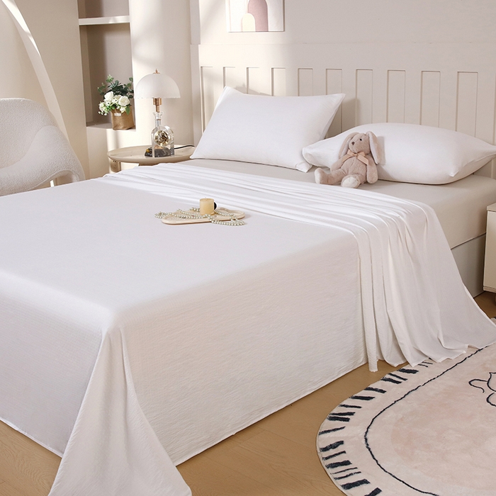 91家纺网 家纺一手货源 找家纺 一诺家居 2025新款A类云感棉双层纱纯色床单针织棉母婴级裸睡木棉床单三件套 量大可优惠 珍珠白