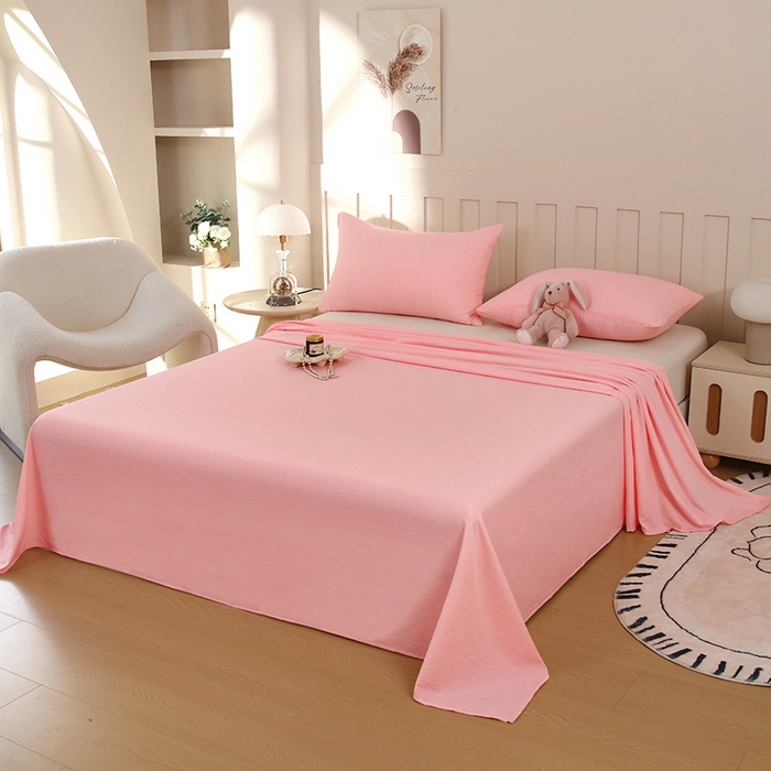 91家纺网 家纺一手货源 找家纺 一诺家居 2025新款A类云感棉双层纱纯色床单针织棉母婴级裸睡木棉床单三件套 量大可优惠 优雅粉