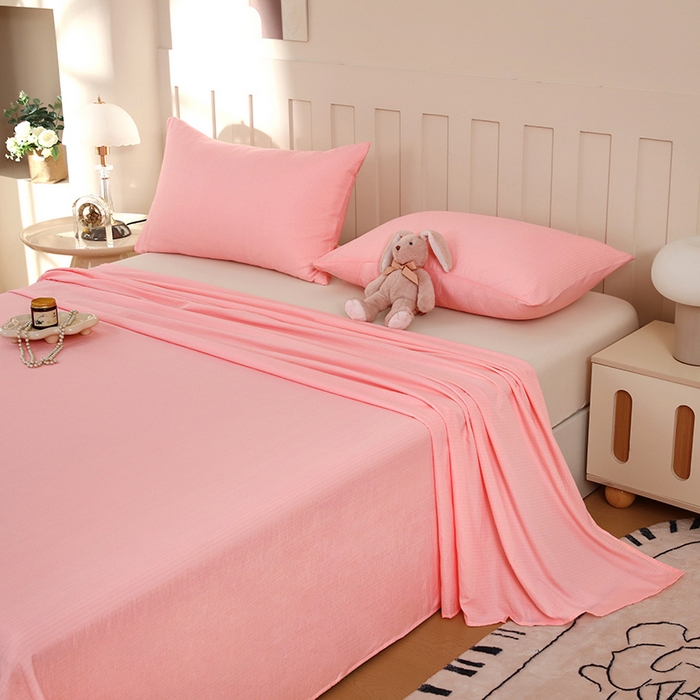 91家纺网 家纺一手货源 找家纺 一诺家居 2025新款A类云感棉双层纱纯色床单针织棉母婴级裸睡木棉床单三件套 量大可优惠 优雅粉