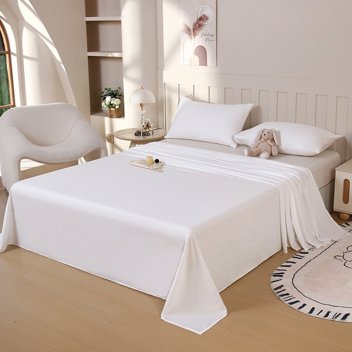 91家纺网 家纺一手货源 找家纺 一诺家居 2025新款A类云感棉双层纱纯色床单针织棉母婴级裸睡木棉床单三件套 量大可优惠 珍珠白