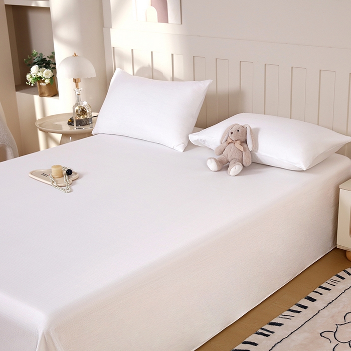 91家纺网 家纺一手货源 找家纺 一诺家居 2025新款A类云感棉双层纱纯色床单针织棉母婴级裸睡木棉床单三件套 量大可优惠 珍珠白