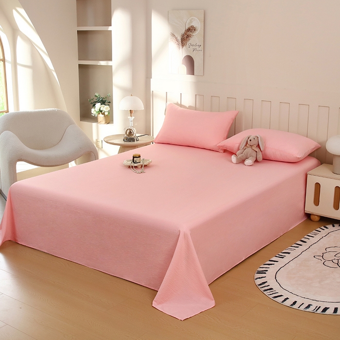 91家纺网 家纺一手货源 找家纺 一诺家居 2025新款A类云感棉双层纱纯色床单针织棉母婴级裸睡木棉床单三件套 量大可优惠 优雅粉