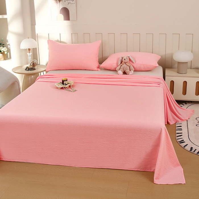 91家纺网 家纺一手货源 找家纺 一诺家居 2025新款A类云感棉双层纱纯色床单针织棉母婴级裸睡木棉床单三件套 量大可优惠 优雅粉