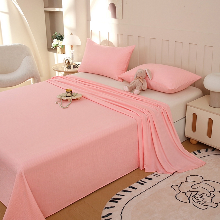 91家纺网 家纺一手货源 找家纺 一诺家居 2025新款A类云感棉双层纱纯色床单针织棉母婴级裸睡木棉床单三件套 量大可优惠 优雅粉