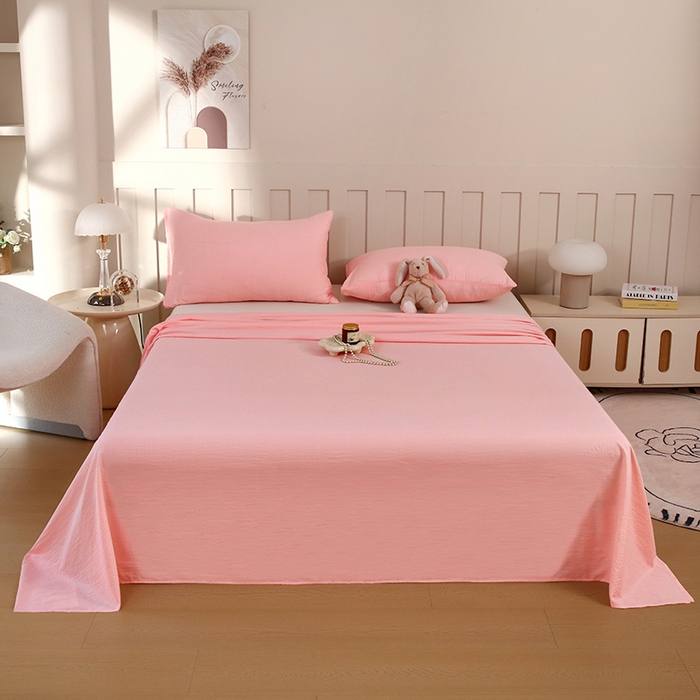 91家纺网 家纺一手货源 找家纺 一诺家居 2025新款A类云感棉双层纱纯色床单针织棉母婴级裸睡木棉床单三件套 量大可优惠 优雅粉