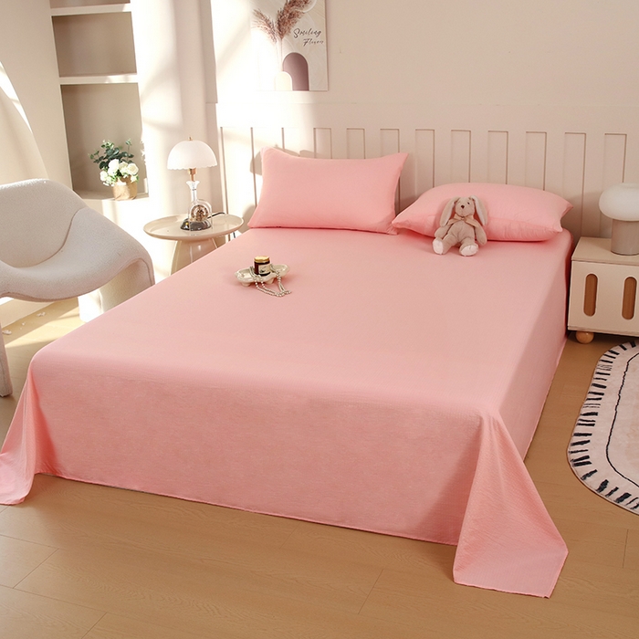 91家纺网 家纺一手货源 找家纺 一诺家居 2025新款A类云感棉双层纱纯色床单针织棉母婴级裸睡木棉床单三件套 量大可优惠 优雅粉